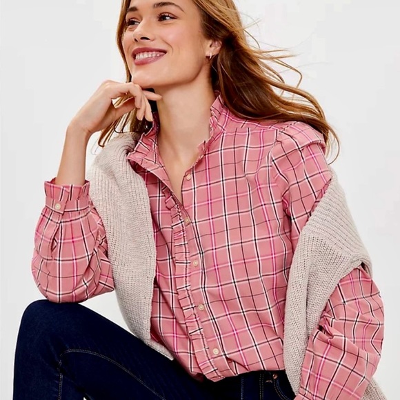 Loft Rose Pink Plaid Ruffle Neck Button Down Long Sleeve Shirt - Picture 1 of 15